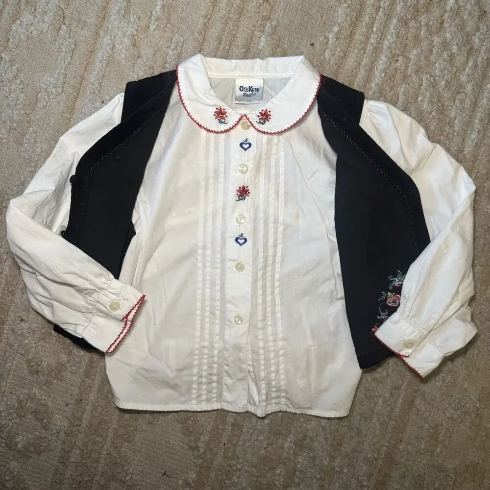 VTG 90s OshKosh Bgosh Girls 3pc Holiday Set Velvet Vest Plaid Skort Blouse 6X